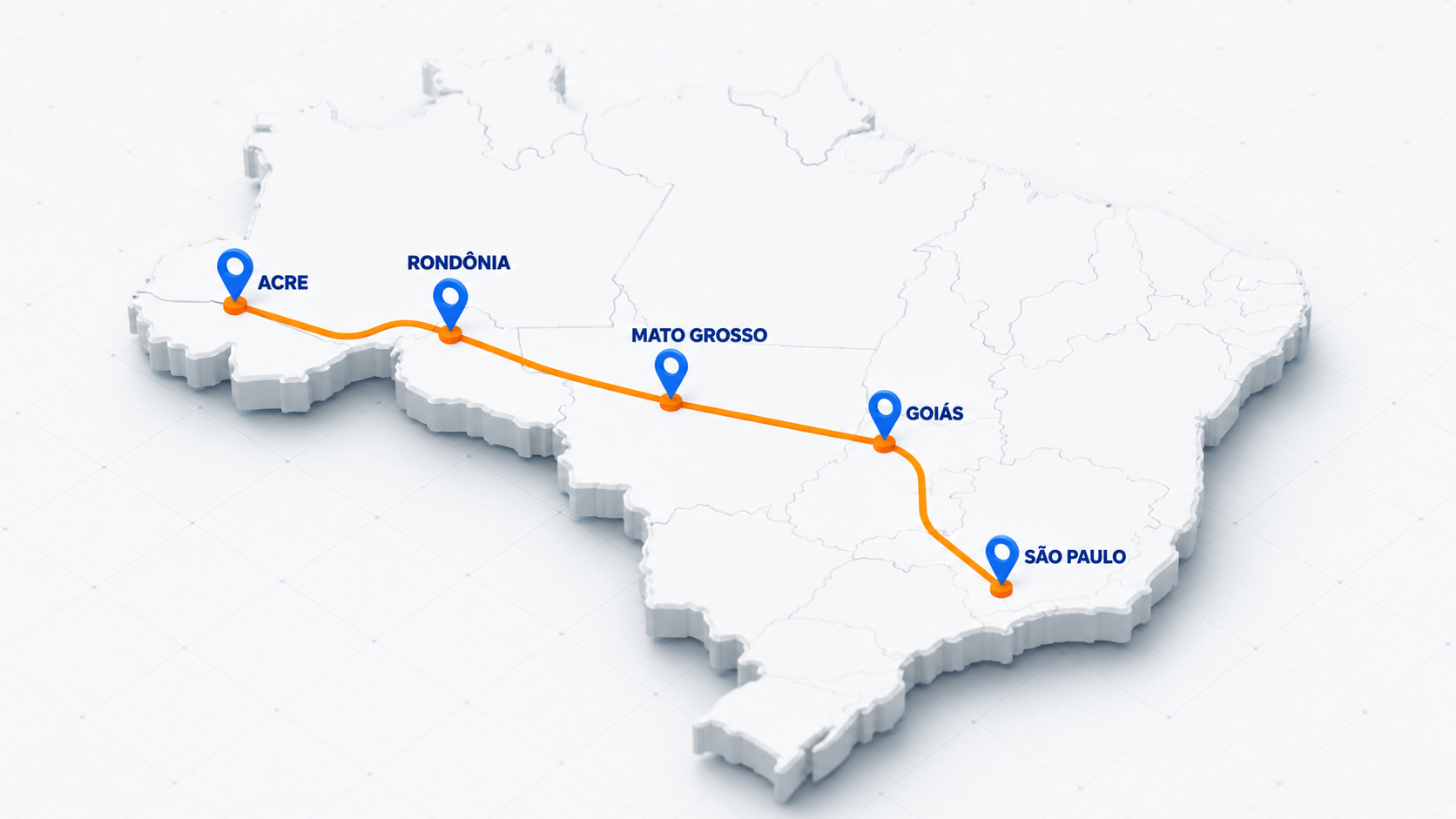 Mapa do Brasil com a rota FabEx de São Paulo ao Acre, passando por Goiás, Mato Grosso e Rondônia